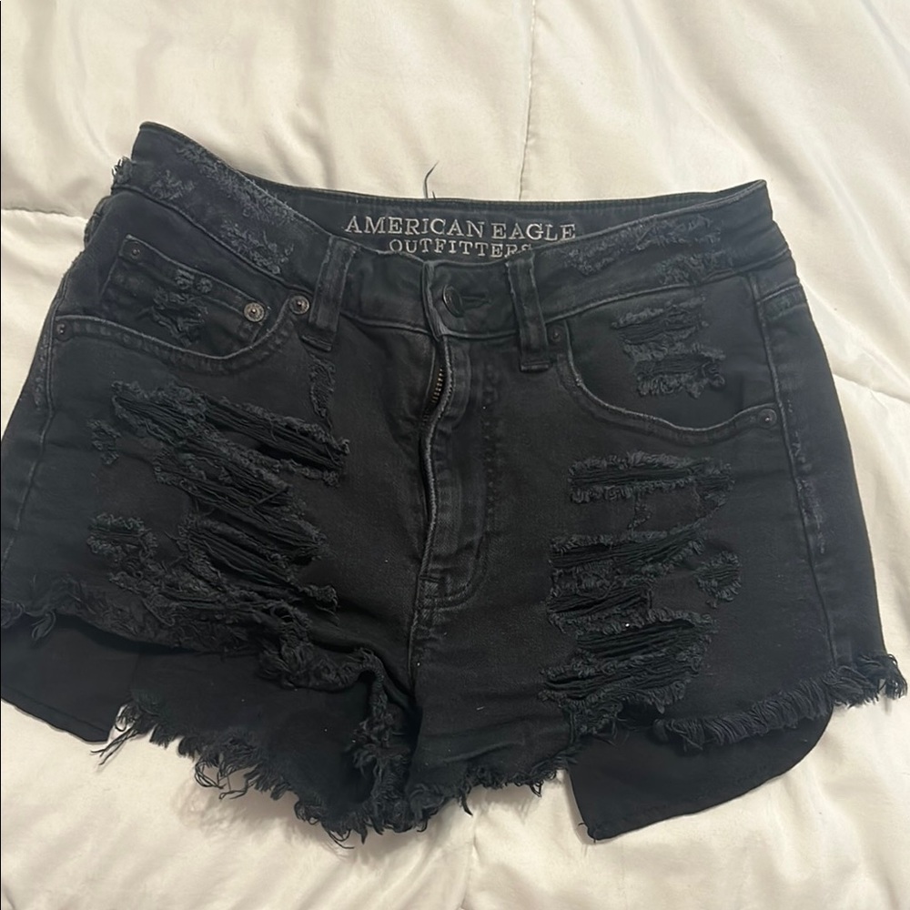 American Eagle Outfitters Distressed High-Rise Black Denim Shorts